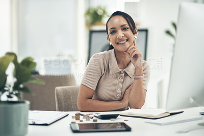 Buy stock photo Relaxed young female financial advisor working as an accounting employee or admin portrait. Female work staff counting money and calculating a budget for a department in a company