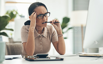Buy stock photo Confused, stress and frustrated worried financial planner, accountant upset and worried budget at work with a computer, notebook and plan form. Anxious female with finance, money problems and issue