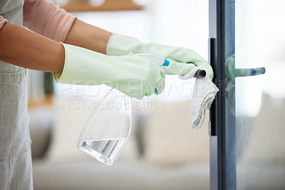 Buy stock photo Home, woman and cleaning door handle, hygiene and bacteria with spray bottle, cloth and chemicals. Protection, person and cleaner with housekeeping, prevention of infection and safety for virus