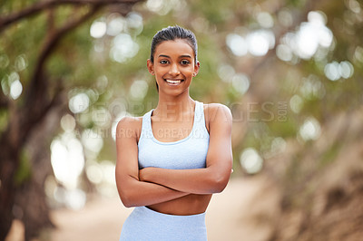 Buy stock photo Woman, portrait and athlete for fitness in park, runner and body wellness or health in forest for workout. Sports, exercise and outdoor for vitality, sportswear and confident for training goals