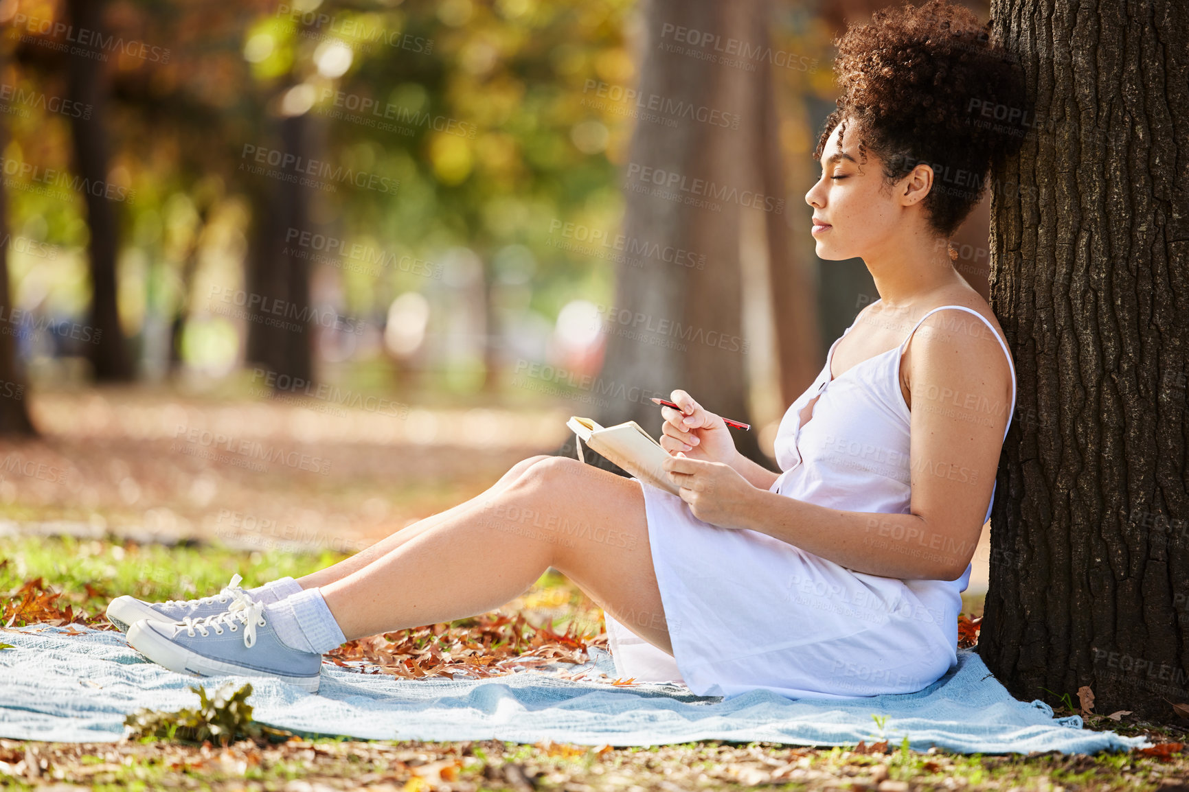 Buy stock photo Full length shot of an attractive young woman writing in her journal while sitting in the park