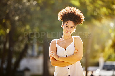 Buy stock photo Portrait, black woman and smile outdoor in summer for park walk, fresh air and peace on weekend away. Female person, calm and happy in nature for vacation, adventure or holiday and work break