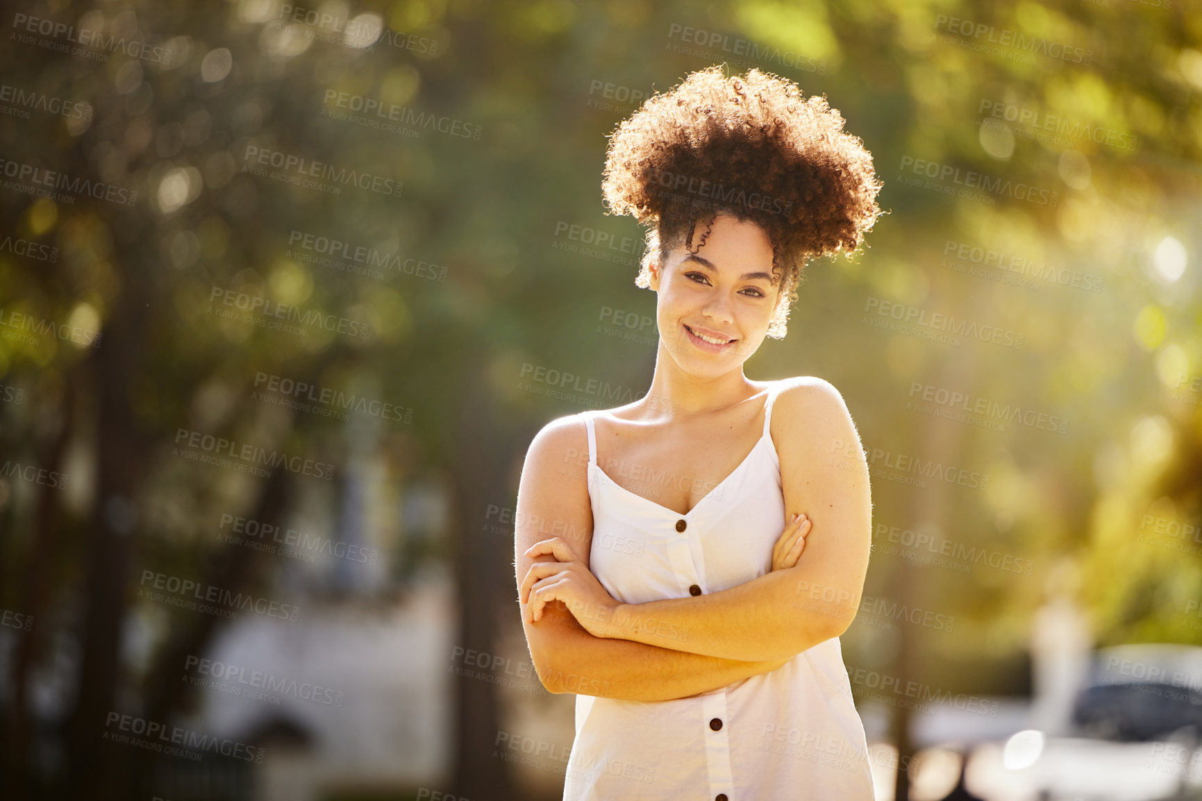 Buy stock photo Portrait, black woman and smile outdoor in summer for park walk, fresh air and peace on weekend away. Female person, calm and happy in nature for vacation, adventure or holiday and work break