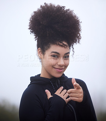 Buy stock photo Female athlete and portrait or fog with pointing and smile, mission for health or wellness. Woman, runner and morning with happiness in countryside for sport, fitness or active in mist with finger