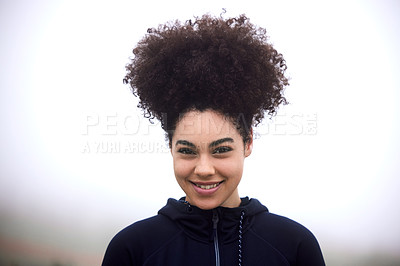 Buy stock photo Woman, runner and portrait with smile and afro for exercise, mission for health or wellness. Female athlete and morning with happiness in countryside for sport, fitness or workout or active in fog
