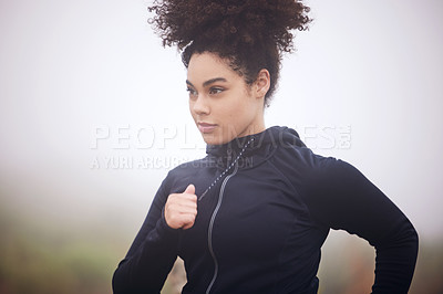 Buy stock photo Girl, running and exercise in morning fog in nature for health, fitness and vision for wellness. Woman, person and athlete in workout, training and outdoor for speed, cardio and winter in Canada