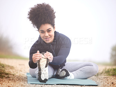 Buy stock photo Girl, runner and stretching in morning fog on ground for health, fitness and wellness in portrait. Woman, person and athlete in workout, training and outdoor for muscle, nature and winter in Canada