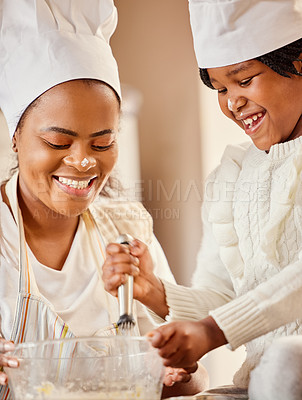 Buy stock photo Dessert, bowl and black woman in kitchen with child mixing ingredients for cake, cookies or baking in home. Family, cooking and mother teaching girl and food for development, learning or bonding