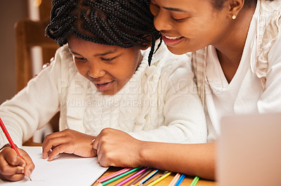 Buy stock photo African mother, daughter and teaching for test, home and notebook for learning, education and support of mom. House, student and girl with parent, homework and helping for school, studying and paper