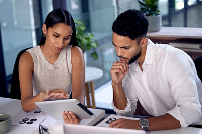 Buy stock photo Tablet, business people and team planning together, discussion and creative copywriter brainstorming ideas. Digital technology, thinking and collaboration of staff for strategy in startup meeting