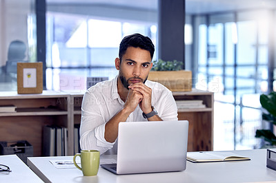 Buy stock photo Portrait, serious and business man in office, company and male person in workplace for career in Dubai. Face, confident professional and salesman, employee and entrepreneur working on laptop for job