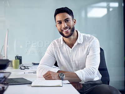 Buy stock photo Portrait, happy and business man in office, company and workplace of confident male person in Saudi Arabia. Smile, professional consultant and employee, entrepreneur or worker at desk for career
