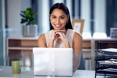 Buy stock photo Portrait, business woman and employee by laptop for communication, planning and development for corporate career. Professional, manager and lawyer in office or workspace with coffee and documents