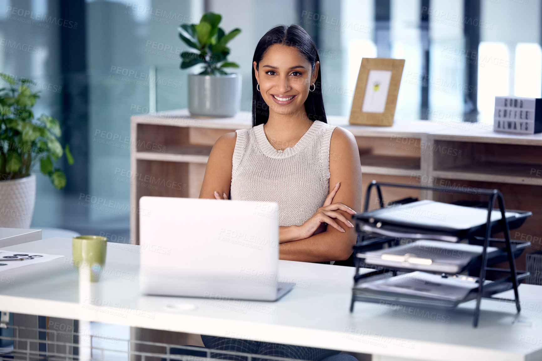 Buy stock photo Portrait, business woman and legal by laptop for communication, planning and development for corporate career. Professional, manager and lawyer in office or workspace with confidence and happiness