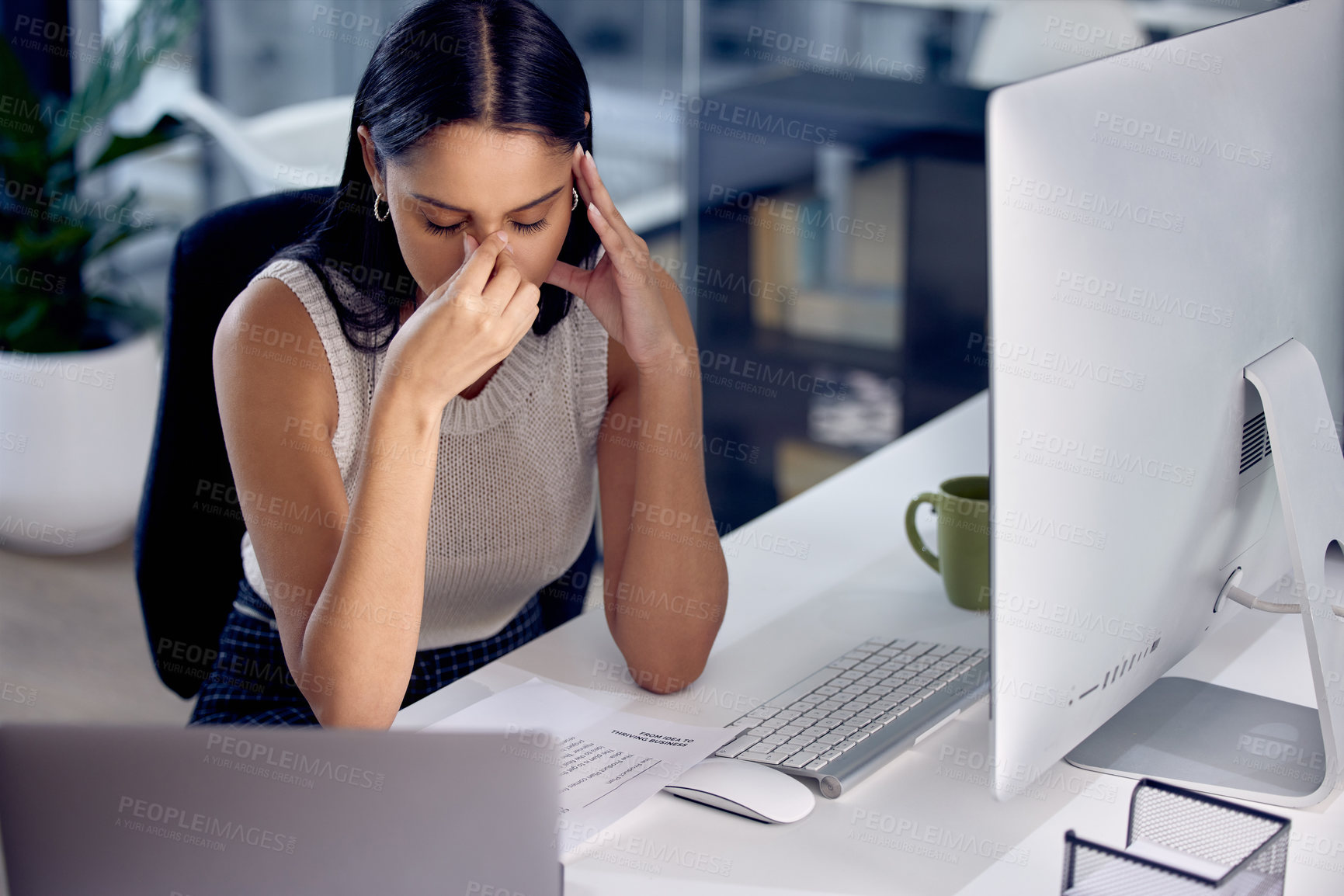Buy stock photo Computer, desk and woman in office with headache, fatigue and burnout from work deadline. Technology, stress and tired or strain for female lawyer at workplace, migraine and pain from overwork