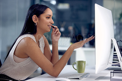 Buy stock photo Call centre, woman and headphones in office, computer and communication for CRM. Technology, conversation and phone sales for female employee, planning and telemarketing or agent for virtual help