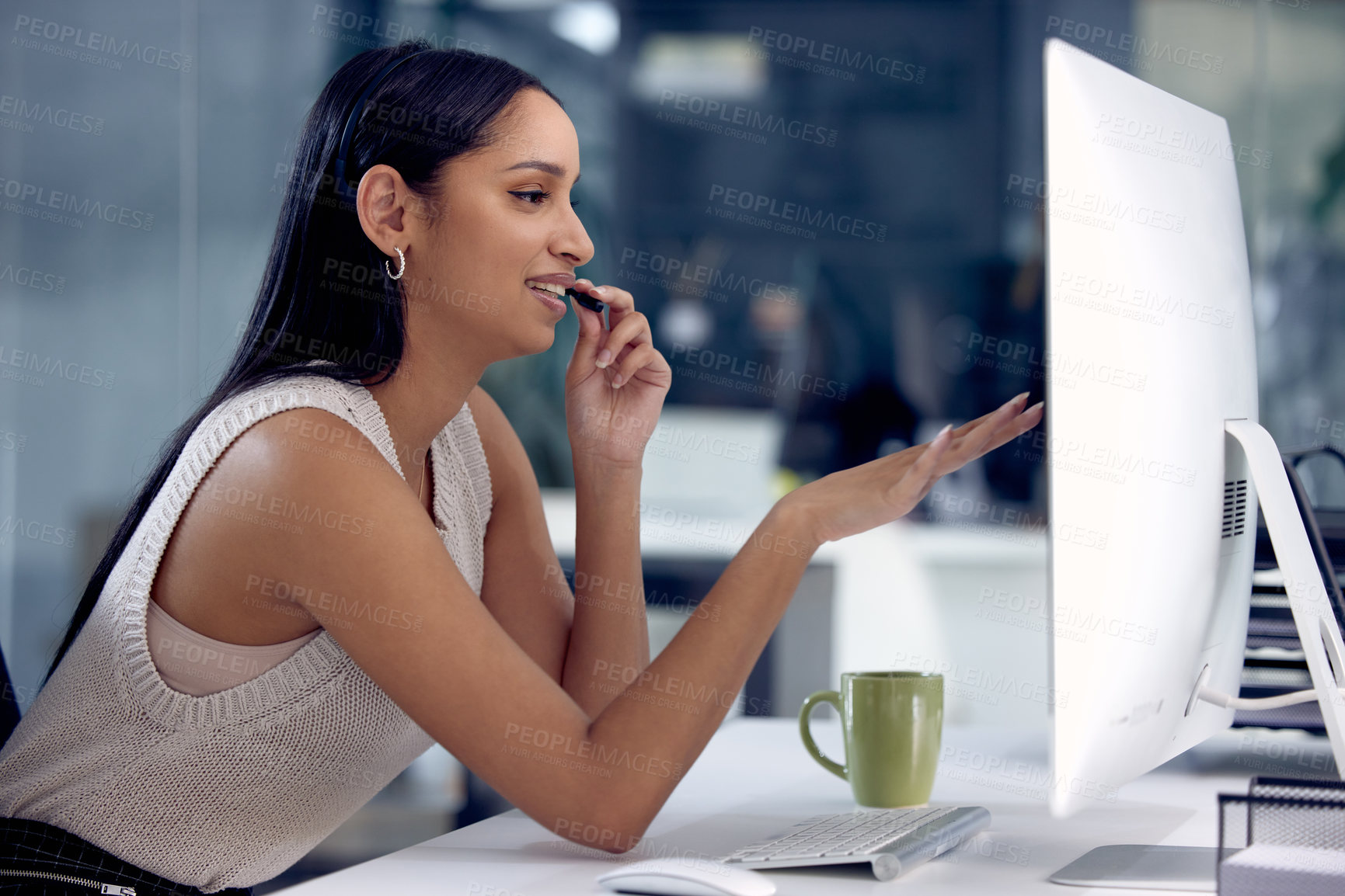 Buy stock photo Call centre, woman and headphones in office, computer and communication for CRM. Technology, conversation and phone sales for female employee, planning and telemarketing or agent for virtual help