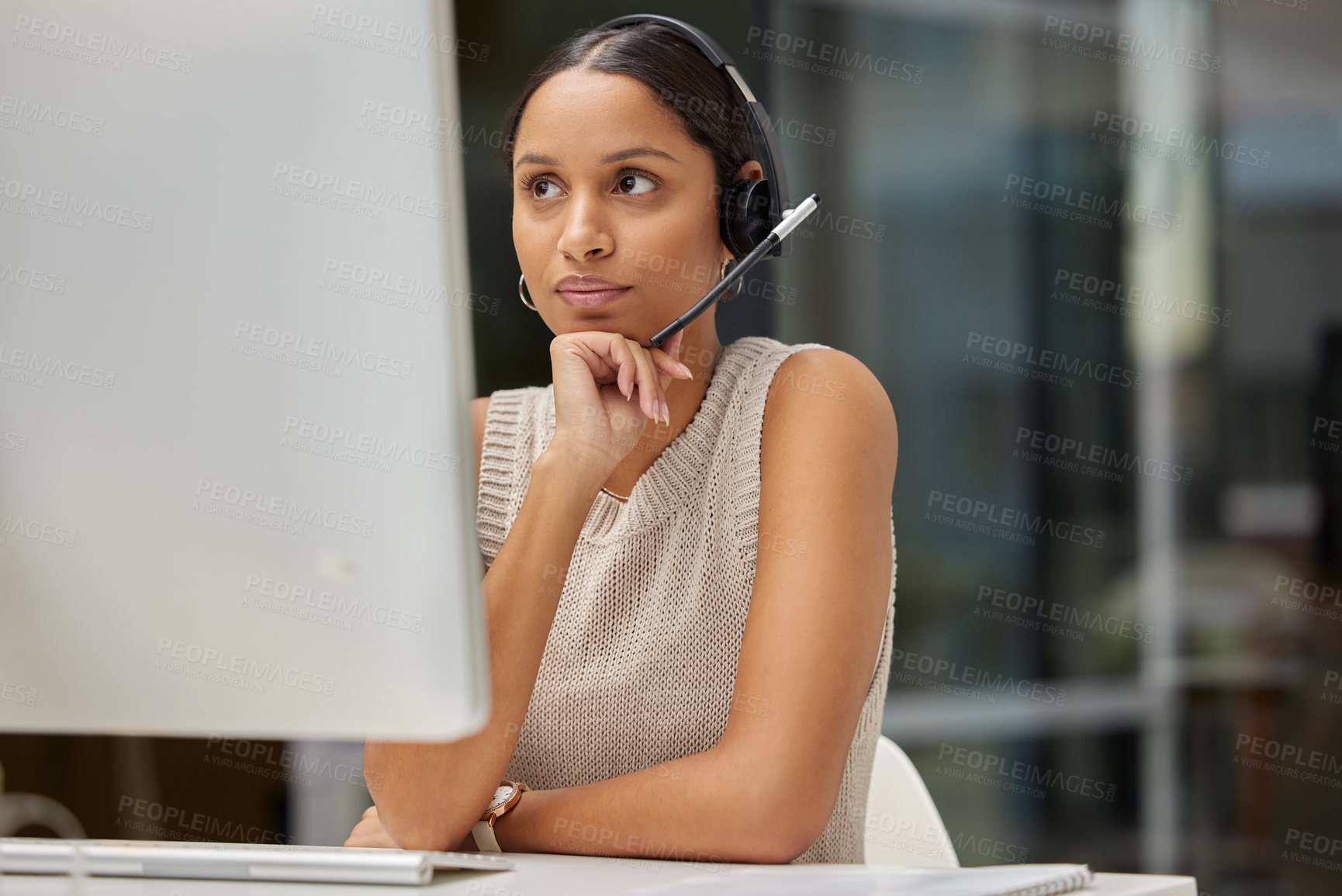 Buy stock photo Call center, thinking and woman consulting for contact us, customer support or crm in office. Telemarketing, communication and lady consultant contemplating advice, help or loan in virtual assistance