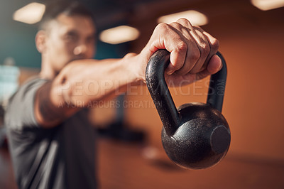 Buy stock photo Gym, male hand and kettlebell for exercise and weights, closeup and strength training. Sports, fitness and physical for arm workout for muscle and wellness, athlete and man bodybuilder with equipment