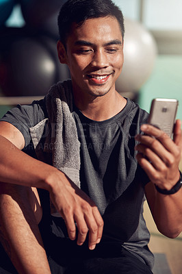 Buy stock photo Fitness, selfie and man on floor with phone for health update on social media, happiness and gym motivation. Mobile app, cellphone and workout, male with smile on ground in pilates or yoga studio.