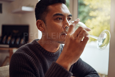 Buy stock photo Drink, wine and asian man with glass for tasting and fine dining at farm or winery. Filipino male person and luxury alcohol experience and testing at vineyard or restaurant for hobby to relax 