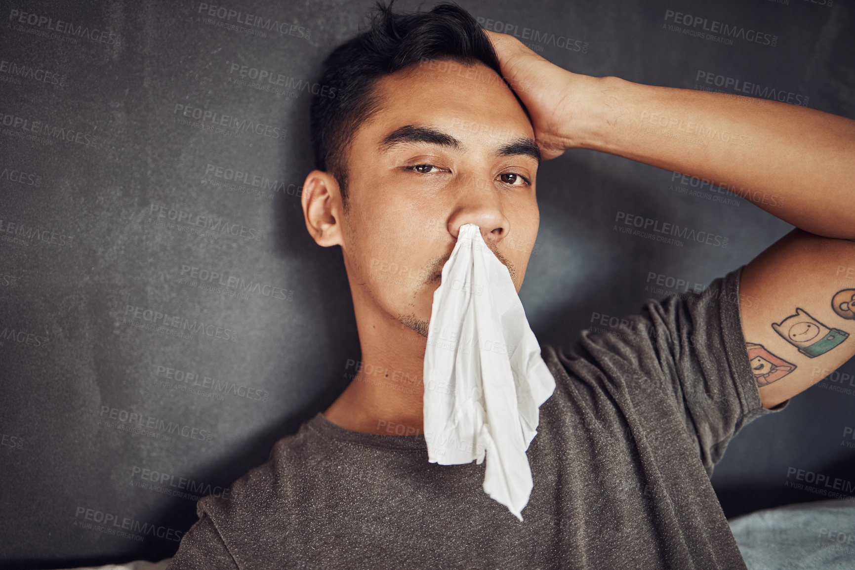 Buy stock photo Asian man, portrait and bed for sick in home with tissue for allergy virus, disease or sinusitis. Male person, face and illness in house or suffering from flu season or infection, health or bacteria
