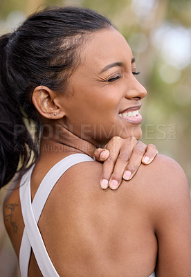 Buy stock photo Woman, touch shoulder and pain for fitness, exercise or injury for cardio training in outdoor activity. Female lady and active in forest for wellness, physical discomfort or workout for recreation 