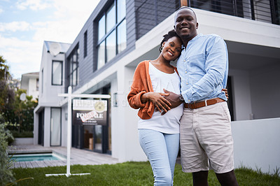 Buy stock photo Happy black couple, portrait and real estate in new home, property or mortgage loan together outdoors. African man and woman with hug, smile or relocation in family house, homeowner or building asset