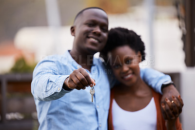 Buy stock photo Black couple, keys and real estate for new home, mortgage loan or property investment together. Portrait of happy African man and woman homeowner hands with house key in sale, moving or family growth