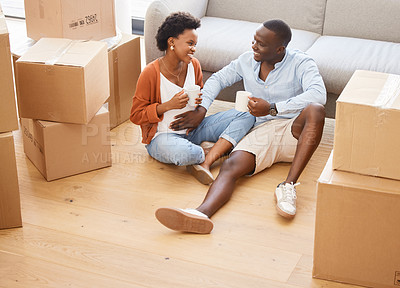 Buy stock photo Couple, new home and boxes with pregnancy in happy for moving, house and relocating on floor in living room. African, woman and man as excited in packing for apartment or property as young people
