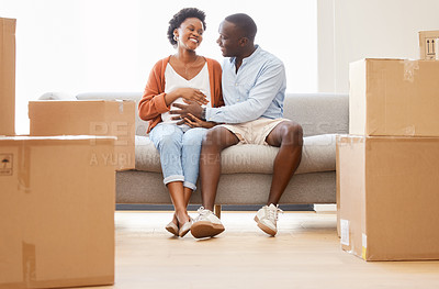 Buy stock photo Pregnant, happy and couple moving with boxes in home, living room or new house, mortgage investment or real estate. Black people, pregnancy and buying property, renting for future baby and family