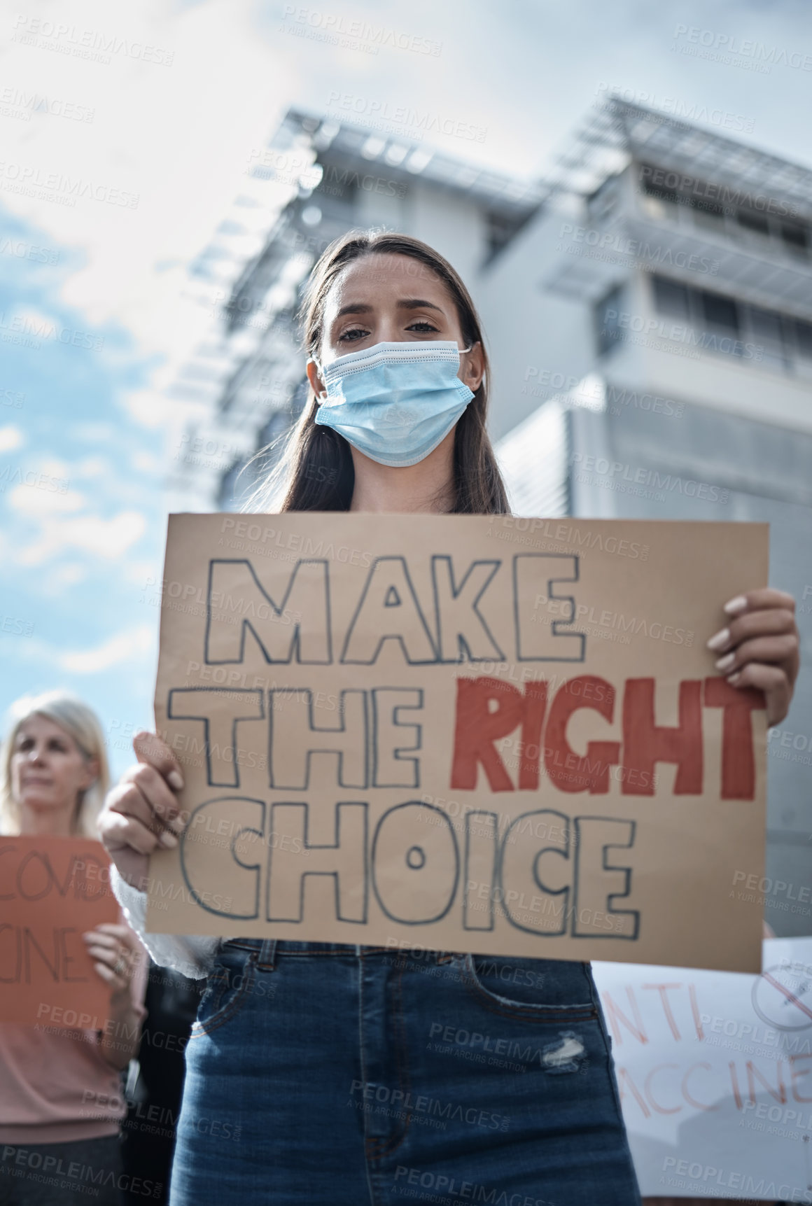 Buy stock photo Protest poster, woman face mask and city portrait with fight, human rights support and rally sign. Urban, group and people with a female person holding a pro vaccine movement signage on a street