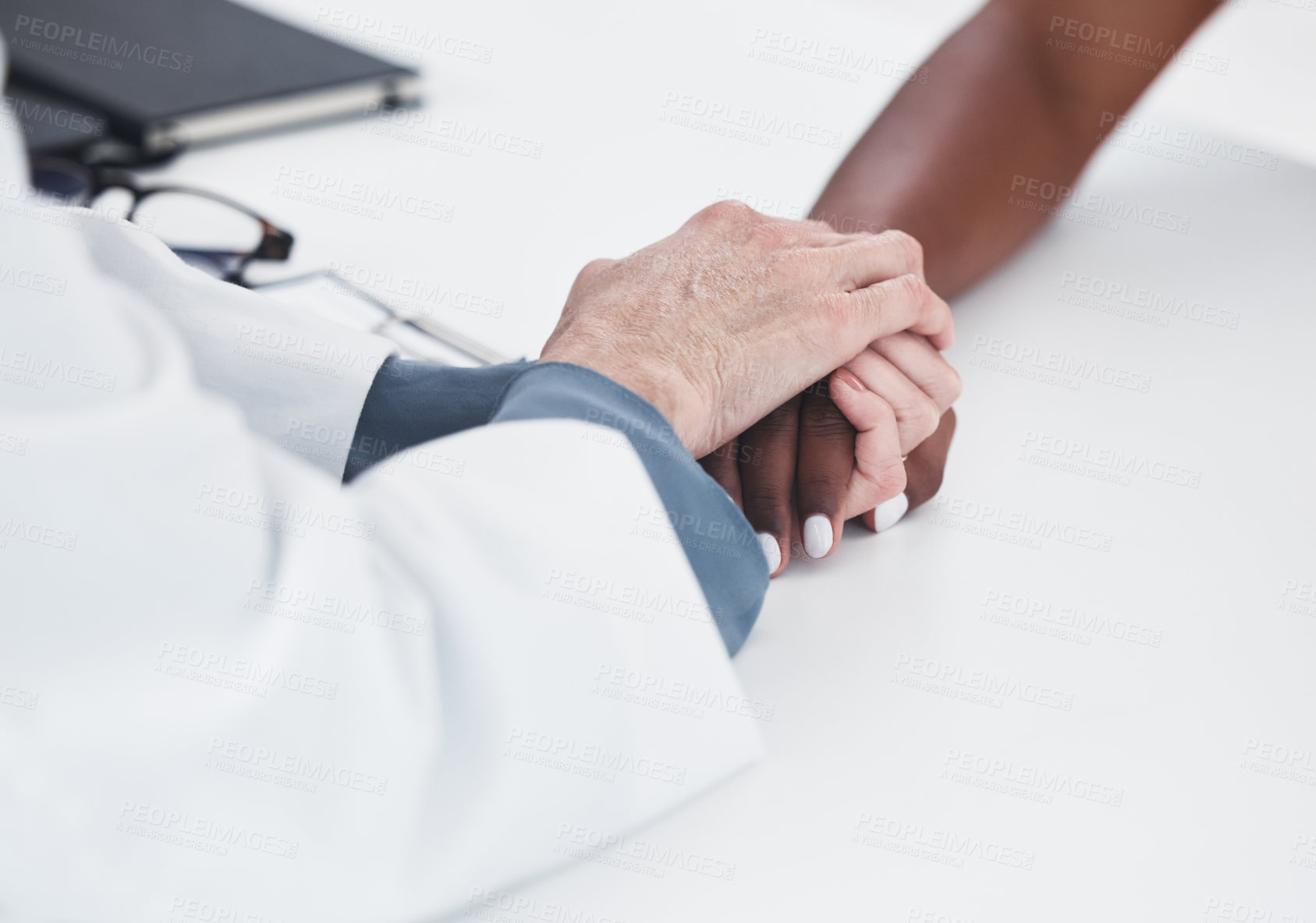 Buy stock photo Empathy, trusts and holding hands of doctor and patient for medical, consulting and advice. Medicine, healthcare and help with closeup of people in hospital for depression, compassion and hope