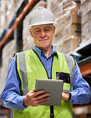 Buy stock photo Warehouse, manager and tablet with stock, checklist and app for logistics and cargo export. Mature man, freight and inventory for shipping, ecommerce and wholesale supplier with courier inspection