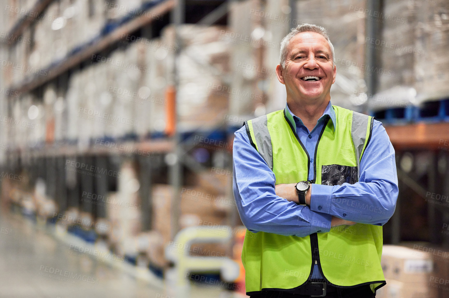 Buy stock photo Senior man, warehouse smile and portrait with arms crossed with storage, freight and factory success. Shipping, courier company and male worker with confidence from wholesale supplier management