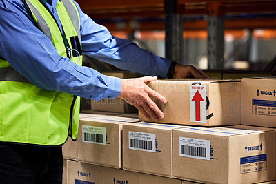 Buy stock photo Warehouse, manager and box with stock, label and package for logistics and cargo export. Person, freight and inventory for shipping, ecommerce or wholesale supplier with courier inspection for retail