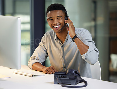 Buy stock photo Call center, portrait and computer.of man, agent or consultant talking for technical support, advice or office service. Happy web advisor, callcenter worker or african person in virtual communication