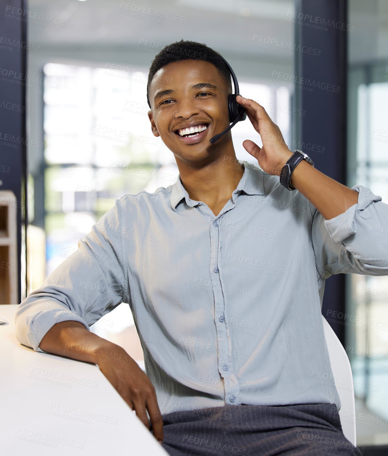 Buy stock photo Customer service, call center and happy black man for talking, discussion and chat for help. Communication, telemarketing office and worker with headset for contact, CRM support and consulting