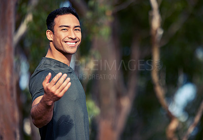 Buy stock photo Fitness, portrait of a man and outdoors in nature forest with hand gesture to follow him. Exercise or training, motivation or happiness and workout male athlete outside in trees for health wellness