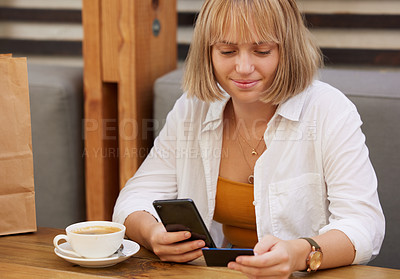 Buy stock photo Woman, cellphone and credit card with smile, online shopping and ecommerce for retail sale. Shopper, smartphone and technology for store discount or purchase for internet banking in cafe with coffee