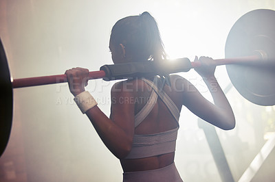 Buy stock photo Barbell, gym and woman for workout and wellness, challenge and empowerment goal for body health. Athlete, training and Indian bodybuilder in fitness club for self care, squats for legs exercise 