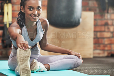 Buy stock photo Happy woman, portrait and stretching with mat at gym for fitness, workout or indoor exercise. Female person or Indian with smile for body warm up, yoga or pilates and training on floor in health club