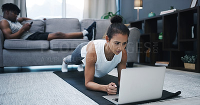 Buy stock photo Home, exercise and woman with laptop, fitness and man on couch with internet and wellness. Apartment, athlete and girl with online workout routine and technology for training for health and challenge