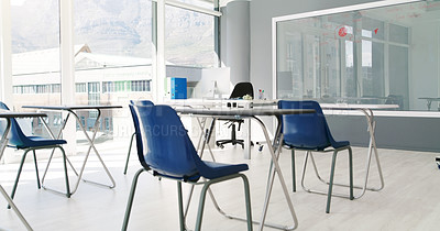 Buy stock photo Empty, classroom and clean furniture with board for exam, test or setup of chairs, desks or interior. Indoor venue, layout or preparation of space for study, lesson or row with seats in arrangement