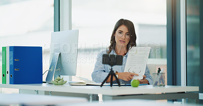 Buy stock photo Portrait, professor and woman with smartphone, video call and live streaming for education and explain document. Cellphone, teacher or person with paperwork and virtual class with information or talk
