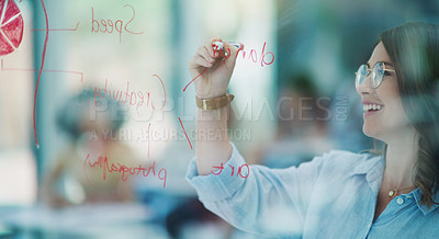 Buy stock photo University, woman and professor writing on glass board, education and teaching with knowledge. Lecture, people and class with marker and lesson with ideas and college with development and explain