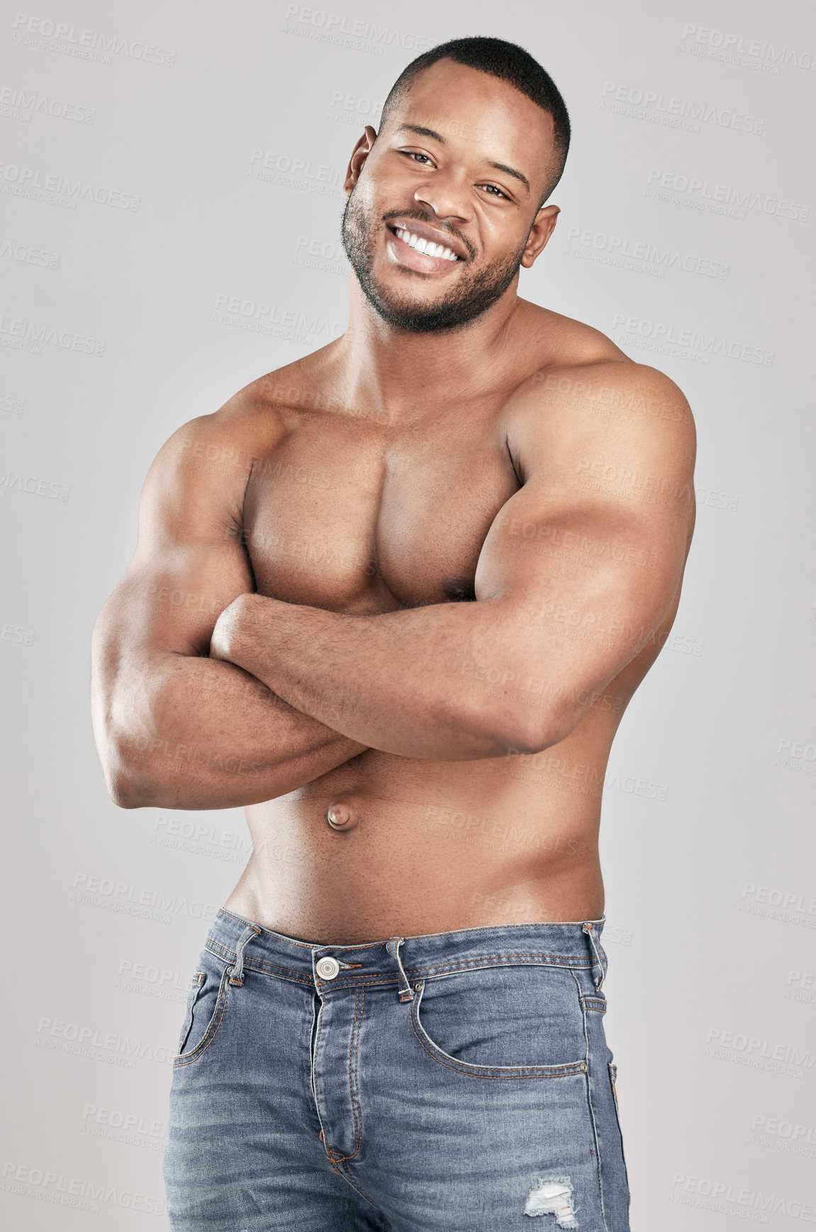 Buy stock photo Arms crossed, muscle and portrait of happy black man in studio for fitness, exercise or health isolated on white background. Smile, shirtless or confident strong bodybuilder training abdomen in Kenya