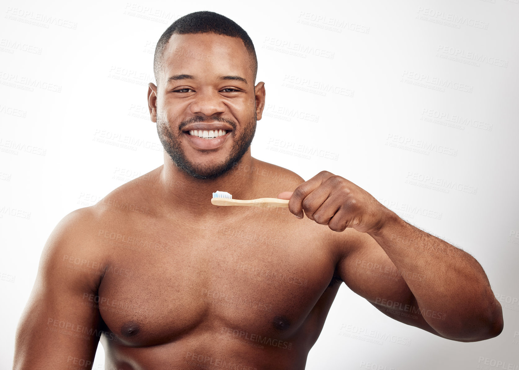 Buy stock photo Black man, portrait and brushing teeth for hygiene in studio for healthy gums, cleaning or white background. Male person, face and toothbrush for whitening routine for self care, plaque or mockup