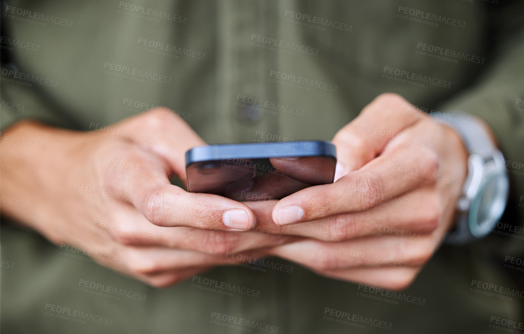 Buy stock photo Search, phone and hands of business man for social media, technology and communication app. Digital, connection and contact with closeup of male mobile user for networking, internet and online