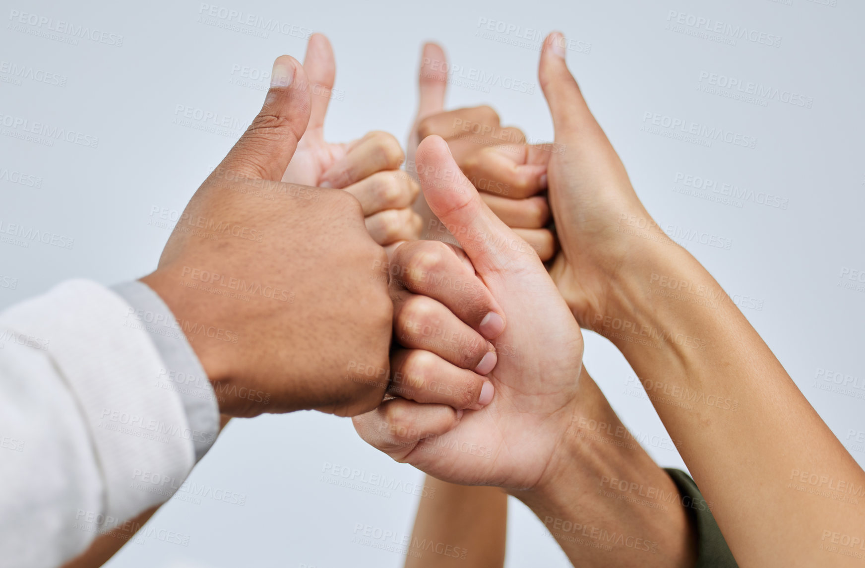 Buy stock photo Thumbs up, winning and team of people in studio with unity, collaboration and partnership. Diversity, pride and group of employees with satisfaction gesture for solidarity isolated by gray background